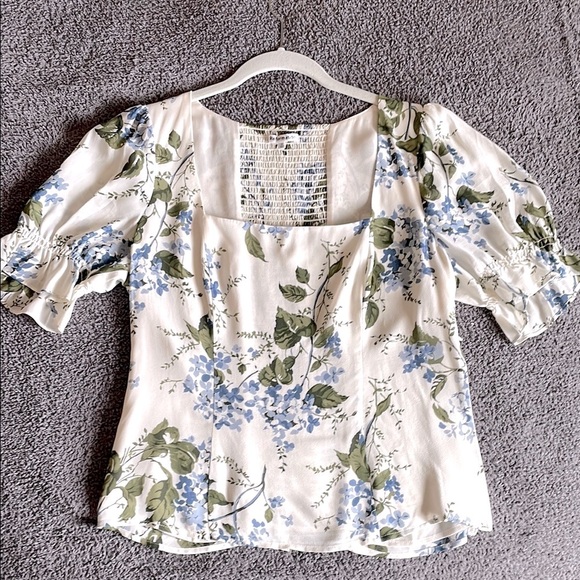 Reformation Constance Top Blue White Floral Puff Sleeve Blouse Size 12 - Picture 13 of 14
